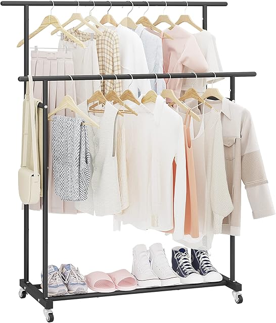 Calmootey Double Rod Clothing Garment Rack,Rolling Hanging Clothes Rack,Portable Clothes Organizer for Bedroom,Living Room,Clothing Store,Black