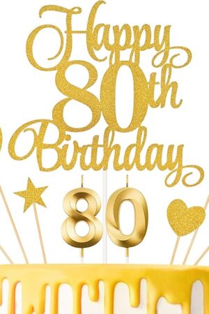 80th Birthday Cake Decorations, 80th Birthday Candles Cake Numeral Candles and Glitter Happy 80th Birthday Cake Toppers Set for Birthday Party Supplies (Gold)