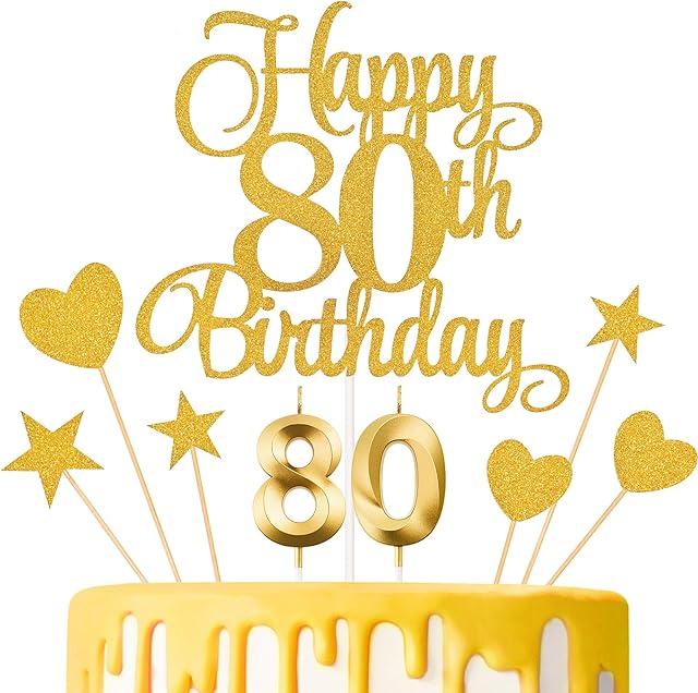 80th Birthday Cake Decorations, 80th Birthday Candles Cake Numeral Candles and Glitter Happy 80th Birthday Cake Toppers Set for Birthday Party Supplies (Gold)