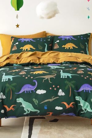 Wake In Cloud - Dinosaur Bedding Set for Boys, Cute Colorful Dinosaur Soft Lightweight Comforter Set with Sheets, 5 Pieces Kids Bed in a Bag, Dark Green, Twin Size