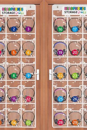 2 Pack Classroom Headphone Storage Organizer with 30 Pockets, PVC Clear Classroom Pocket Chart for Headphone Cell Phone Over-the-Door Hanging Headphone Holder Bag with 62 Labels(White)