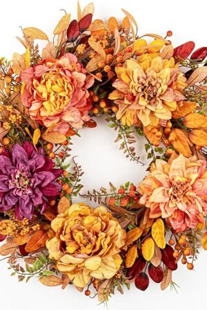 VioletEverGarden Fall Wreath for Front Door 22 Inch Autumn Wreaths Artificial Thanksgiving Wreath with 5 Colors Dahlia Berries and Eucalyptus for Indoor Outdoor Harvest Festival Holiday Decorations