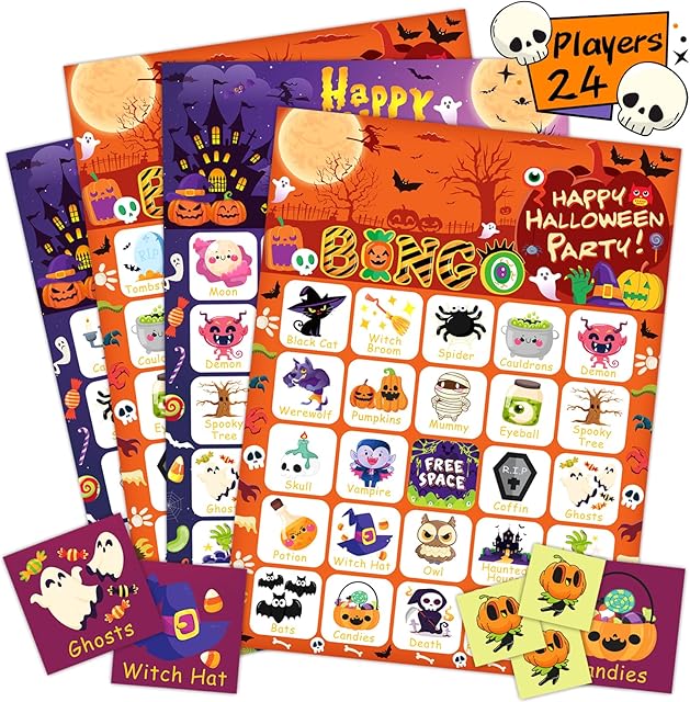 The Halloween Bingo Game 24 Players Halloween Bingo Cards, Halloween Party Games for Kids Adults Family Activity, Halloween Party Supplies Kids Bingo