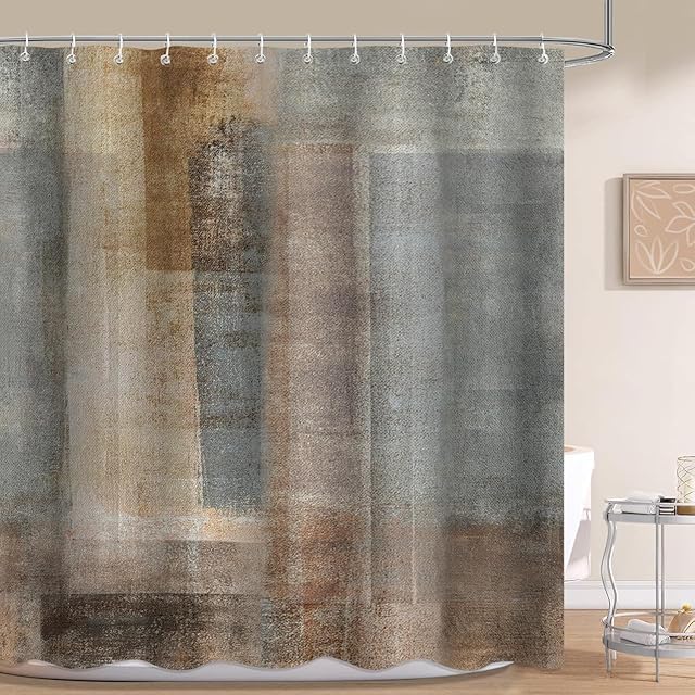 Brown Grey Shower Curtains, Rustic Abstract Shower Curtain, Vintage Farmhouse Fabric Bath Curtain for Bathroom Decor Waterproof Cloth with Hooks 72X72 Inch