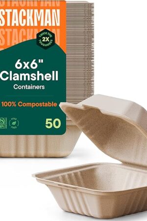 100% Compostable Clamshell Take Out Food Containers [6x6" 50-Pack] Heavy-Duty Quality to go Containers, Natural Disposable Bagasse, Eco-Friendly Biodegradable Made of Sugar Cane Fibers