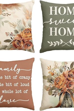 AVOIN colorlife Home Sweet Home Terracotta Sage Throw Pillow Covers, 18 x 18 Inch Seasonal Fall Eucalyptus Floral Motto Cushion Case for Sofa Couch Set of 4