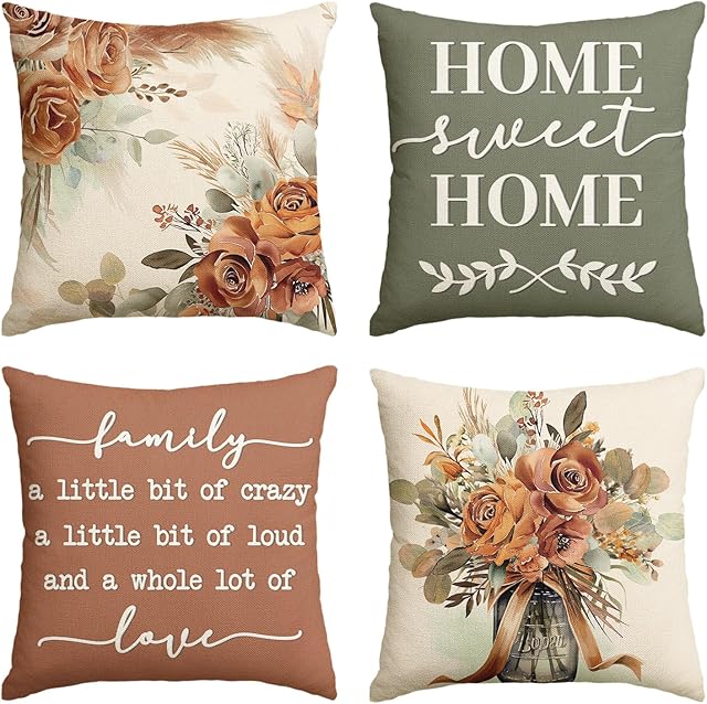 AVOIN colorlife Home Sweet Home Terracotta Sage Throw Pillow Covers, 18 x 18 Inch Seasonal Fall Eucalyptus Floral Motto Cushion Case for Sofa Couch Set of 4