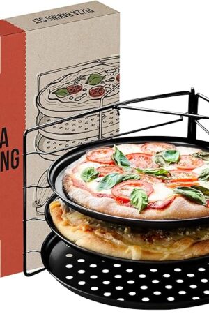 Chef Pomodoro Pizza Baking Set with 3 Pizza Pans and Pizza Rack, (11-Inch Pans), Non-stick Perforated Pizza Trays for Oven, Grill, Pizza Pan with Holes, Pizza Pan for Oven, Barbeque, Bakeware Supplies