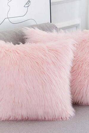 WLNUI Set of 2 Pink Fluffy Pillow Covers New Luxury Series Merino Style Blush Faux Fur Decorative Throw Pillow Covers Square Fuzzy Cushion Case 18x18 Inch