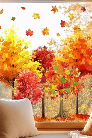 9 Sheets Fall Window Clings Maple Leaves Tree Window Stickers Double-Sided Glass Decals for Autumn Harvest Thanksgiving Home Party Decoration