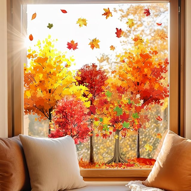 9 Sheets Fall Window Clings Maple Leaves Tree Window Stickers Double-Sided Glass Decals for Autumn Harvest Thanksgiving Home Party Decoration