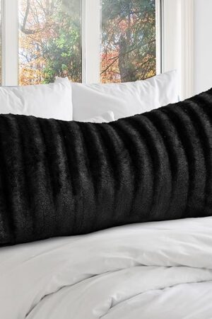 Cheer Collection Faux Fur Long Body Pillow - Accent Throw Pillow for Bed and Couch - Decorative Lumbar Pillow with Insert, Black (18" x 40")