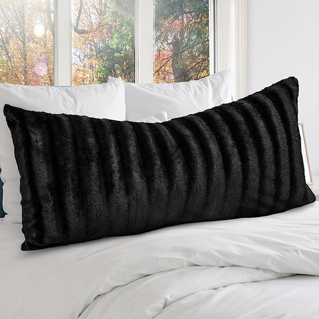 Cheer Collection Faux Fur Long Body Pillow - Accent Throw Pillow for Bed and Couch - Decorative Lumbar Pillow with Insert, Black (18" x 40")