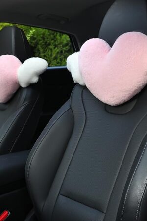 2 Pack Heart Shaped Cute Car Headrest Pillow with Angel Wings - Comfortable Soft Head Rest Cushion Kawaii Car Accessories Neck Pillow for Driving Travelling Office Home Decor - Pink Love Heart