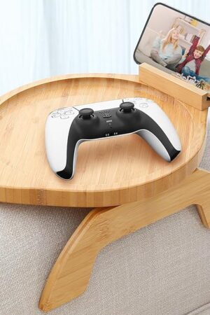 Couch Arm Tray Table,Bamboo Sofa Side Tables Clip-on Couch with 360° Phone Holder,Foldable Sofa Armrest Tray for Eating,Drink, Snacks, Coffee, TV,Remote