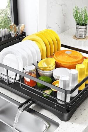 Dish Drying Rack for Kitchen Counter - Large Dish Rack with Drainboard, Rustproof Dish Drainer with Utensil Holder for Sink, Black