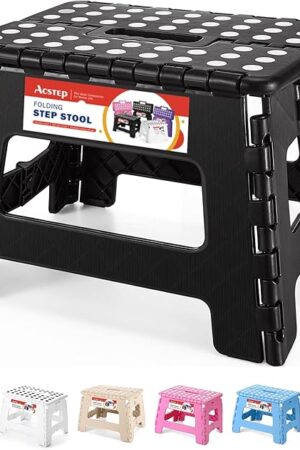 ACSTEP Folding Step Stool 9'' Tall Kids Step Stool Holds Up to 300 lb Plastic Foldable Step Stools for Kids Non-Slip Surface with Carry Handle Collapsible Stool for Home, Outdoor and Indoor(Black)