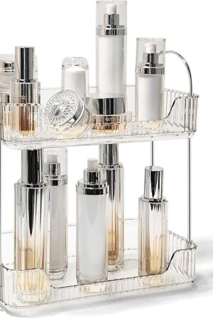 Bathroom Counter Organizer Countertop Storage Skincare Countertop Makeup Organizer Cosmetics Skincare Organizers Holder for Perfume-Clear white-silver pole