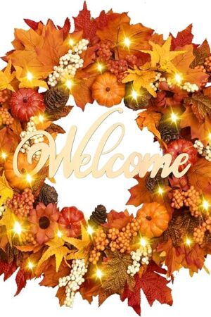 Waipfaru Fall Decor, Fall Wreaths for Front Door, Autumn Wreath with Lights and Welcome Sign, 20'' Outdoor Reef for Thanksgiving Farmhouse Front Porch Patio Decoration