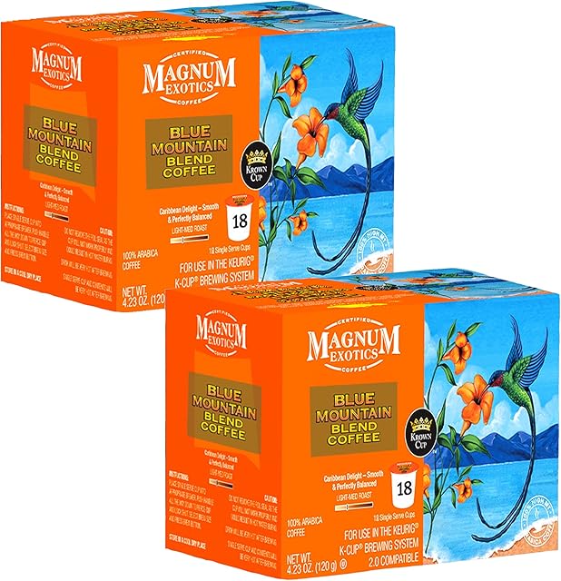 Magnum Exotics Coffee, Blue Mountain Blend - Ground Coffee Pods, Single Serve, Made with 100% Arabica Beans - 18 Count (Pack of 2)