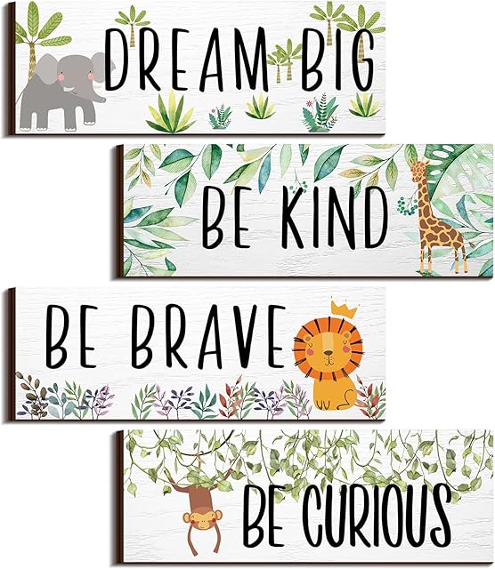 Yookeer 4 Pieces Woodland Nursery Decor Safari wall art Be kind brave curious Cute Jungle Animal Nursery Decor for Bedroom living room home 11x 3.9 Inches(Lively Animals,White Background)