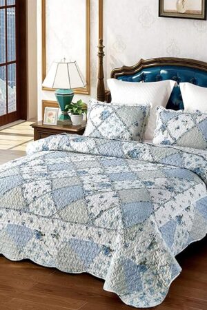 Blue Patchwork Quilt Set Queen Size Reversible Quilted Bedspread Coverlet Set 3-Piece Floral Lightweight Comforter Stitched Bedding Set Bed Sheet Set Cover Blanket with 2 Pillow Shams