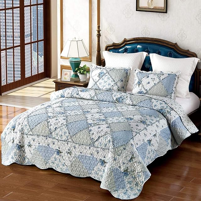 Blue Patchwork Quilt Set Queen Size Reversible Quilted Bedspread Coverlet Set 3-Piece Floral Lightweight Comforter Stitched Bedding Set Bed Sheet Set Cover Blanket with 2 Pillow Shams