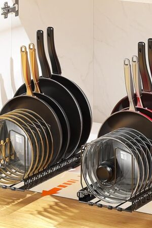 2 Pack Pull Out Pot and Pan Organizer for Under Cabinet, Slide Out Pot Lid Organizer with 10 Adjustable Dividers, Sliding Pan Holder Storage Rack Inside Cabinet, Black