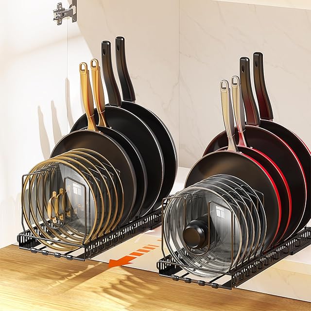 2 Pack Pull Out Pot and Pan Organizer for Under Cabinet, Slide Out Pot Lid Organizer with 10 Adjustable Dividers, Sliding Pan Holder Storage Rack Inside Cabinet, Black