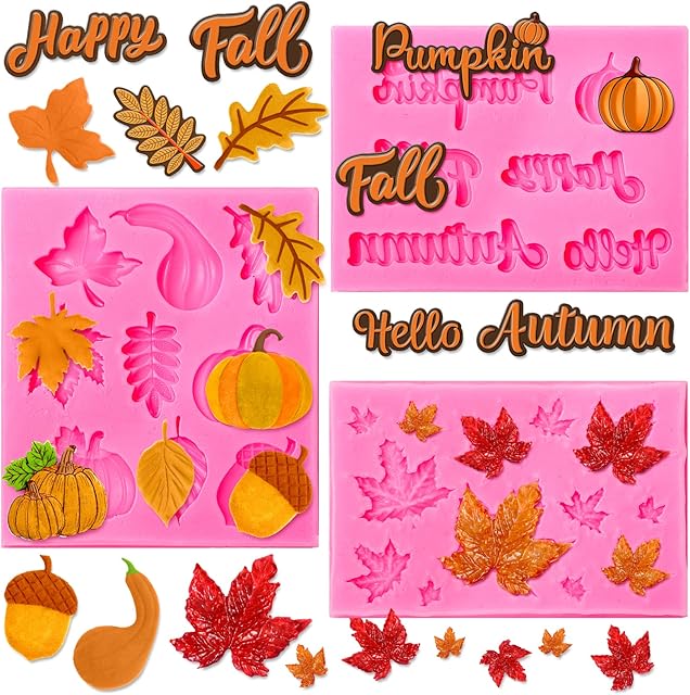 Whaline 3 Pack Fall Fondant Molds Autumn Pumpkin Maple Leaves Silicone Molds Hello Fall Candy Resin Chocolate Baking Mold for Autumn Harvest Cupcake Cake Topper Decoration Soap Jelly