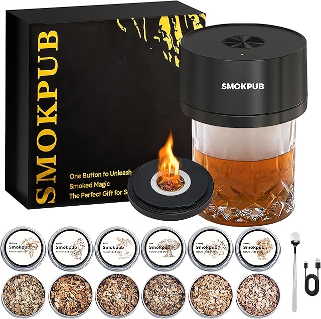 Electric Whiskey Smoker Kit Built-in Lighter, No Butane Needed, Rechargeable Cocktail Smoker Kit with 6 Wood Chips, Old Fashioned Drink Smoker Kit, Bourbon Whiskey Gifts for Men,Dad,Husband