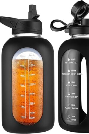 CIVAGO 64 oz Glass Water Bottle Jug with Straw and Handle, Half Gallon Sports Motivational Water Bottle with Time Marker, Wide Mouth Flask Canteen with Silicone Sleeve for Gym, Black