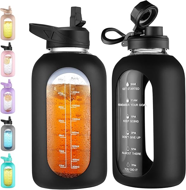 CIVAGO 64 oz Glass Water Bottle Jug with Straw and Handle, Half Gallon Sports Motivational Water Bottle with Time Marker, Wide Mouth Flask Canteen with Silicone Sleeve for Gym, Black