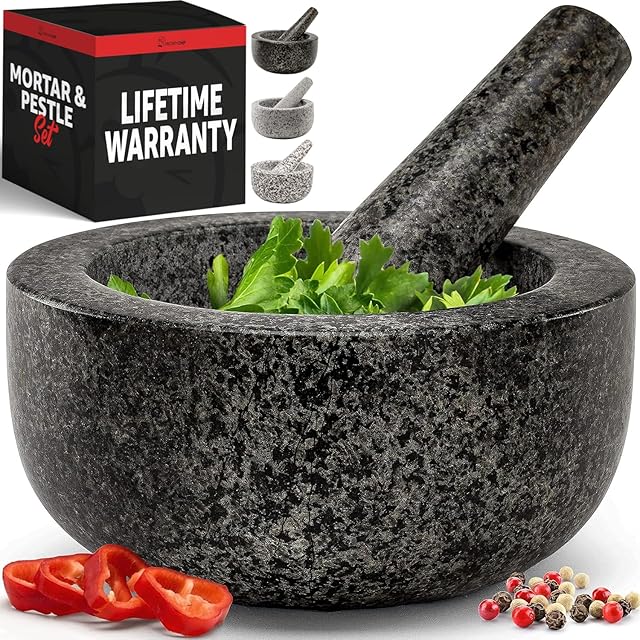 Priority Chef Heavy Duty Large 2 Cup Mortar and Pestle Set,100% Granite, Non Slip Base, Make Fresh Guacamole, Salsa, Pesto, Stone Grinder Bowl, Herb Crusher, Spice Grinder, 6.3 Inch Size, Black