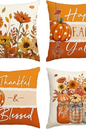 AVOIN colorlife Happy Fall Y'all Pumpkin Floral Throw Pillow Covers, 18 x 18 Inch Autumn Thankful & Blessed Harvest Fall Flower Decorations for Sofa Couch Set of 4