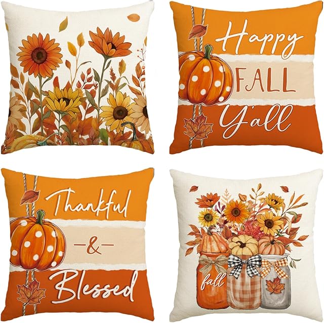 AVOIN colorlife Happy Fall Y'all Pumpkin Floral Throw Pillow Covers, 18 x 18 Inch Autumn Thankful & Blessed Harvest Fall Flower Decorations for Sofa Couch Set of 4