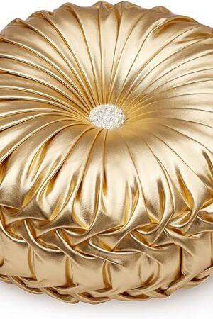 EUCIOR Gold Throw Pillows,Circular Pillow,Pumpkin Pleated Handmade Throw Pillows,Gold Pillows,Smooth Metallic Leather Decorative Pillows for Home Decor Bedroom Living Room Couch Bed Sofa