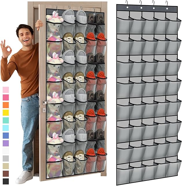 Windyun 40 Over the Door Shoe Organizer Large Mesh Pocket Hanging Shoe Rack for Closet Gray Nonslip Behind Door Storage Holder Back to School Organizer for Dorm Room College Classroom Storage
