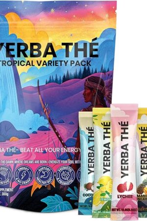 Yerba Mate Tea Powder - 5 Mixed Tropical Fruit Flavors - 30 sachets | Reduce Brain Fog | Relaxation & Focus Blend | Clean Energy Drink Superfood | Support Gut Health with Probiotics and Prebiotics