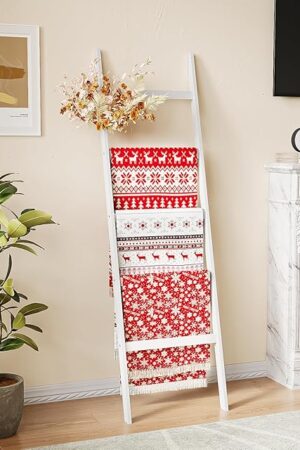 Blanket Ladder Towel Racks For Bathroom 5 Layers Towel Holder 100% Bamboo Wood Sturdy Construction No Need Wall Drilling Quilt Scarf Storage Solution Decorative Leaning Shelf for Living Room (White)