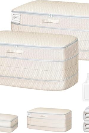 Comforter Storage Bag - Large Capacity Bedding Storage Bags Ultra Space Saving Self Compression Organizer, Washable Compression Bags for Storage Comforter Blanket Duvet Pillow, 2-Pack, Beige