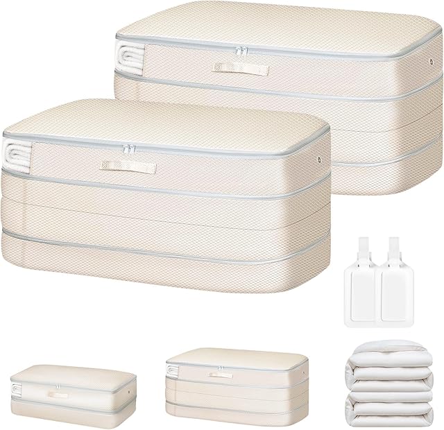 Comforter Storage Bag - Large Capacity Bedding Storage Bags Ultra Space Saving Self Compression Organizer, Washable Compression Bags for Storage Comforter Blanket Duvet Pillow, 2-Pack, Beige