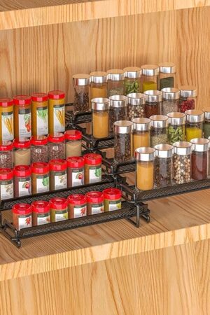 4 Tier Adjustable Spice Rack Organizer for Cabinet - Black (2 Pack) | Expandable Spice Shelf with Protection Railing for Inside Cabinets, Countertop, Pantry Storage & Seasoning Organization