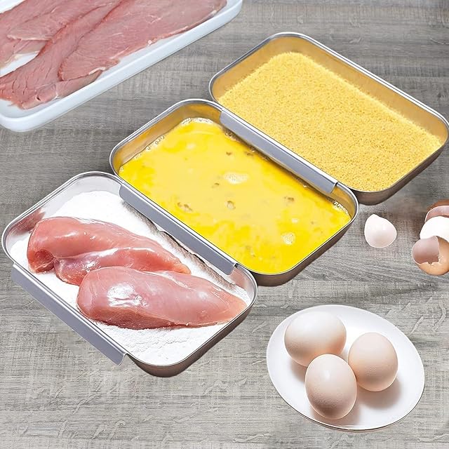 Breading Trays Set of 3 Dredging Trays for Cooking, Stainless Steel Breading Pans Set for Marinating Meat, Chicken, Fish, Food Prep Tray