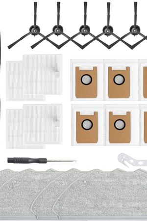 22 Pack Replacement Accessories Parts Compatible with for AIRROBO T20+ Robotic Vacuum Cleaner 1 Main Roller Brush 4 Mop Pads 4 Hepa Filters 6 Side Brushes 6 Vacuum Bags 1 Cleaning tool