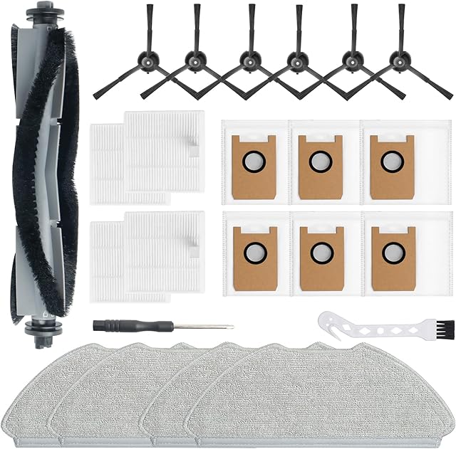 22 Pack Replacement Accessories Parts Compatible with for AIRROBO T20+ Robotic Vacuum Cleaner 1 Main Roller Brush 4 Mop Pads 4 Hepa Filters 6 Side Brushes 6 Vacuum Bags 1 Cleaning tool