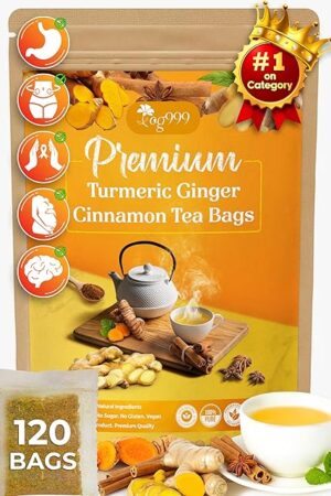120 Bags Premium Turmeric Ginger Cinnamon Tea, Improve Digestion, Support Brain, Weight, Skin and Sleep, Eco-Conscious Tea Bags and Premium Natural Ingredients. Turmeric Ginger Herbal Tea. No Sugar, No Caffeine, No Gluten, Vegan.
