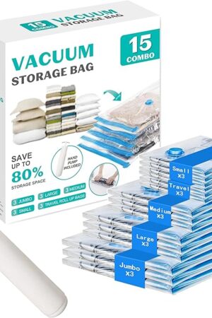 Vacuum Seal Bags for Clothing Travel, 15 Combo - Vacuum Storage Bags, Compression Bags for Travel, Blankets Luggage Clothes - Hand Pump Included（3 Jumbo, 3 Large, 3 Medium, 3 Small, 3 Roll Up Bags）