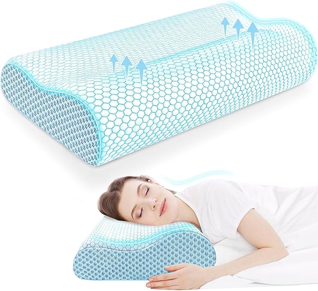 CloudBliss Neck Pillow for Sleeping, Ergonomic Cervical Neck Pillow for Neck Pain Relief, Memory Foam Pillow fit Neck Contour, Bed Pillow for Side Back Stomach Sleepers (Blue, Standard Size)