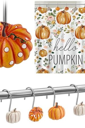 12 Pcs Pumpkin Shower Curtain Hooks Halloween Thanksgiving Day Fall Shower Curtain Hooks Orange Farmhouse Rustic Rings Hangers for Bathroom Decor(Spot)